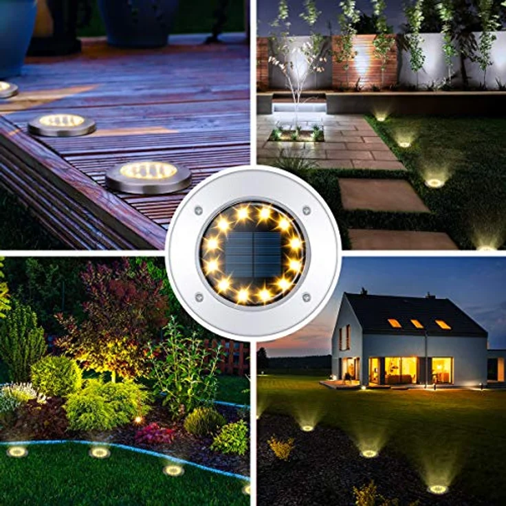 GIGALUMI Solar Bodenleuchte 12 LEDs 4 Stück Solarleuchten Warmweiß Gartenleuchten Edelstahl Wasserdicht für außen, Garten, Terrasse, Rasen, Hof, Gehweg – Bild 7