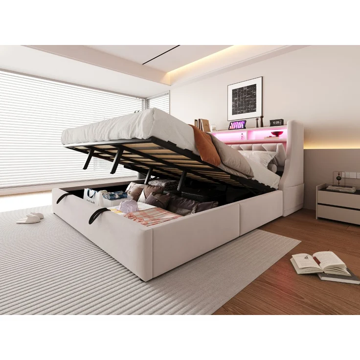 U-life Polsterbett 180x200 cm, fürs Schlafzimmer, hydraulischer Stauraum, klappbar, Steckdose und Ablagefach, LED-Beleuchtung, Sperrholz, Beige – Bild 7
