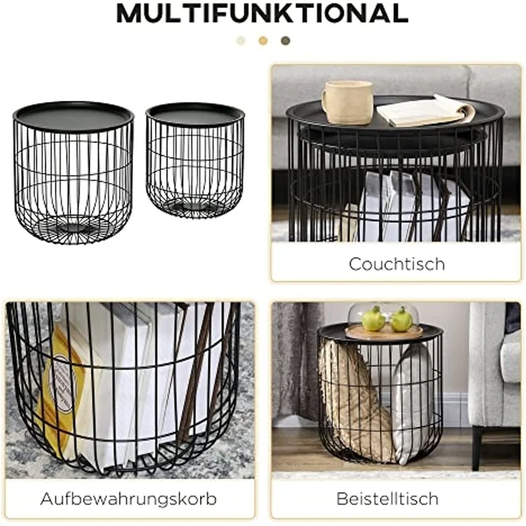 HOMCOM Couchtisch Beistelltisch mit Stauraum im Skandidesign (Sofatisch, 2-St, Kaffeetisch), für Wohnzimmer, Schlafzimmer, Stahl, Schwarz – Bild 6