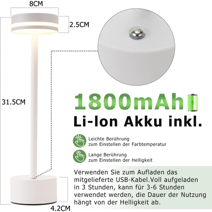 ZMH Tischlampe Kabellos LED Tischleuchte Akku - Nachttischlampe Dimmbare mit USB-C Aufladbar Batterie Touch- Lampe Weiß Tischlampen -für Schlafzimmer Esszimmer Büro-2ER – Bild 5