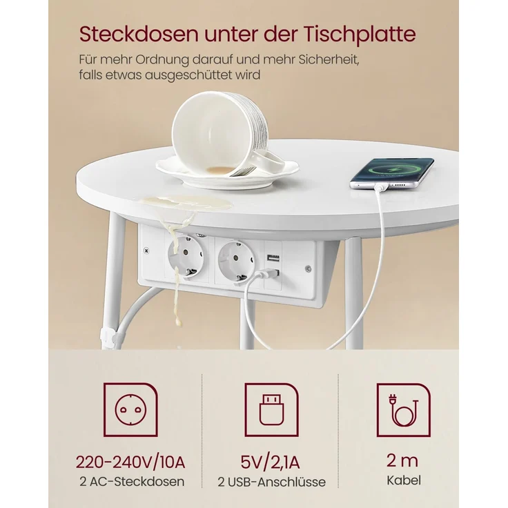 VASAGLE Beistelltisch mit Korb aus Stoff, Holzspanplatte, Ø 45x50 cm, Mattweiß / Kamelbraun, mit Ladestation – Bild 2