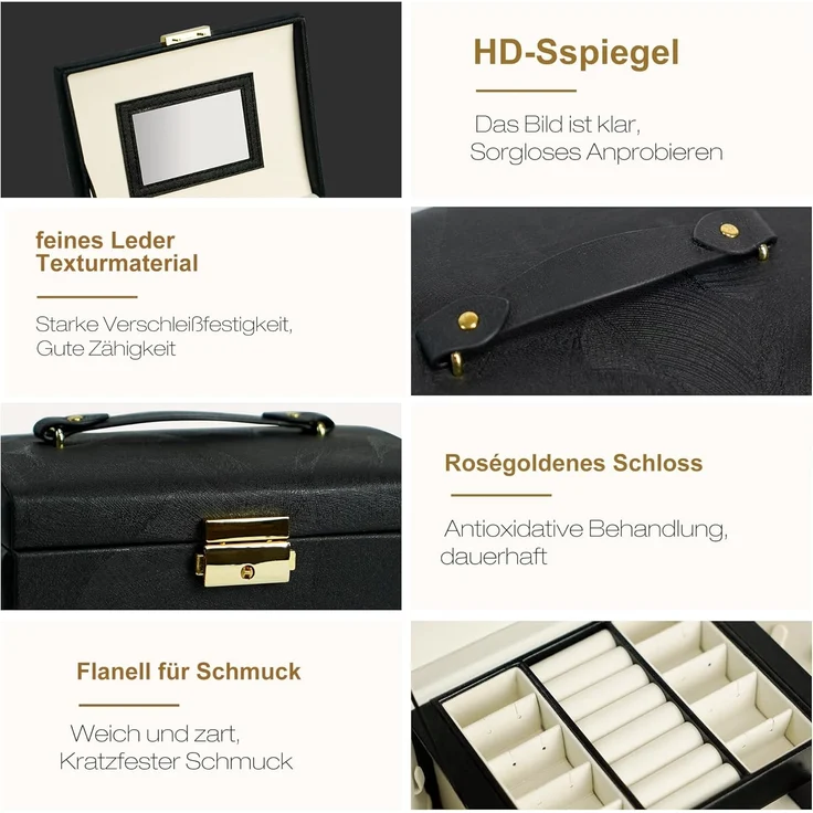 AdelDream Schmuckkasten Mini-Schmuckkästchen, 3 Ebenen, 2 Schubladen, 3 Farben, mit Spiegel, viel Stauraum – Bild 5