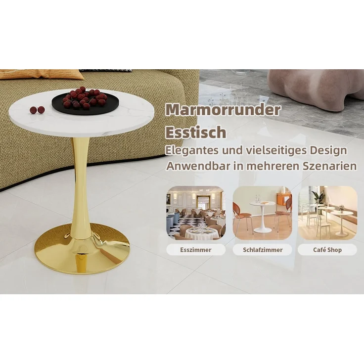 Novelux Couchtisch Gold Marmor Optik Rund 70 cm – Mid-Century Modern Esstisch für 2-4 Personen, Weißes Marmordekor – Bild 6