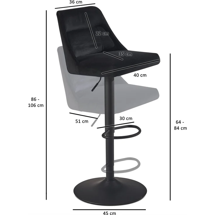Barhocker Samt Schwarz mit Lehne höhenverstellbar 86-106cm Metallfuß gepolstert – Bild 4