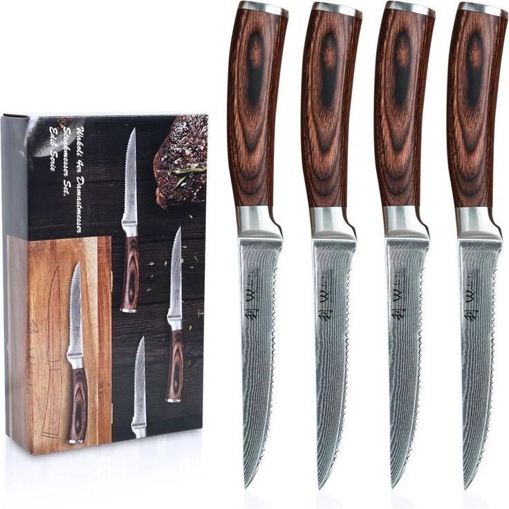 Wakoli Steakmesser EDIB 4er Set Damast Steakmesser 12,5 cm Klingen Geschenk-Holzbox – Bild 2