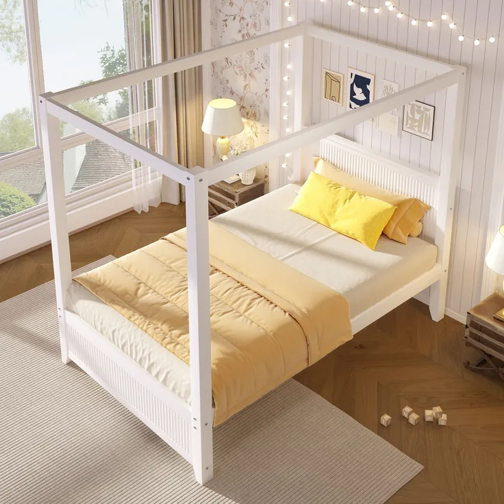 Bett 90x200 cm Himmelbett aus Holz, Weiß, mit offenem Dachrahmen und vertikalen Lamellen, ohne Matratze
