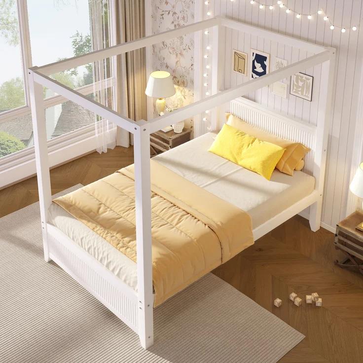 Bett 90x200 cm Himmelbett aus Holz, Weiß, mit offenem Dachrahmen und vertikalen Lamellen, ohne Matratze – Bild 1