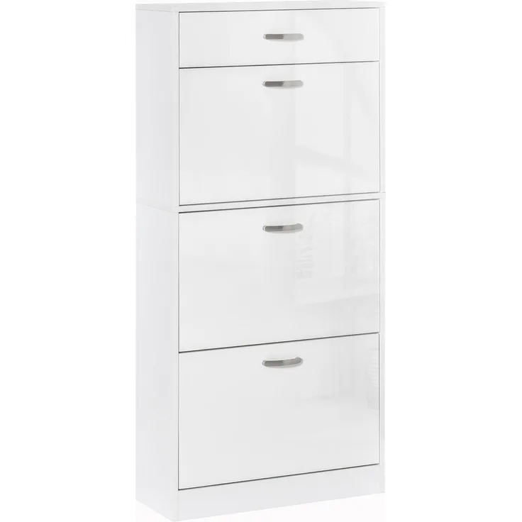 Schuhschrank – 3 Klapptüren und eine ausziehbare Schublade – Maße: 62 B x 24 T x 135 H cm, weiß