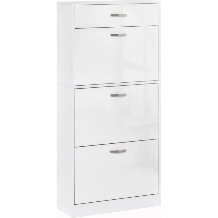 Schuhschrank – 3 Klapptüren und eine ausziehbare Schublade – Maße: 62 B x 24 T x 135 H cm, weiß – Bild 1