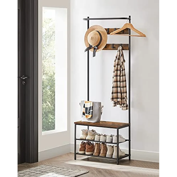 Vasagle Garderobenständer mit 9 abnehmbaren Haken und Sitzbank, Holzwerkstoff vintagebraun / schwarz, 32,2 x 64 x 180 cm – Bild 5