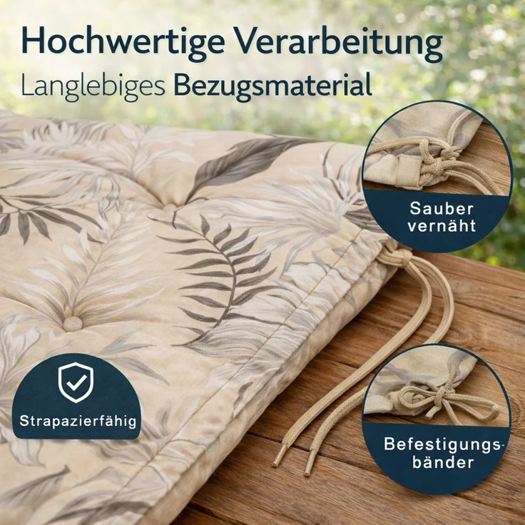 BURI 4x Hochlehner Auflage 117x49x6 cm - wetterfeste Gartenstuhlauflage mit Schaumkern & Vollvlies, Halteband & Bindebänder, bequemes Stuhlpolster für Balkon, Terrasse & Garten (Beige-Blätter) – Bild 6