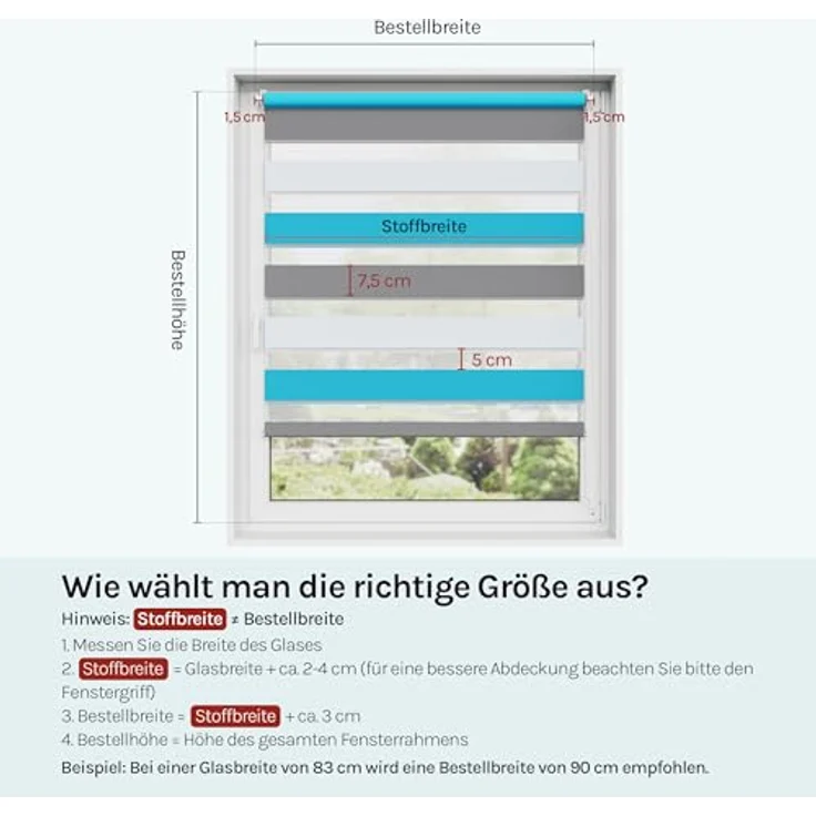 WOLTU Doppelrollo Klemmfix ohne Bohren 80x150 cm, Weiß+Grau+Türkis | Duo Rollos für innen Fenster & Tür, Zebrarollo Lichtdurchlässig Fensterrollo Seitenzugrollo Verdunkelnd, Stoffbreite 77 cm – Bild 6