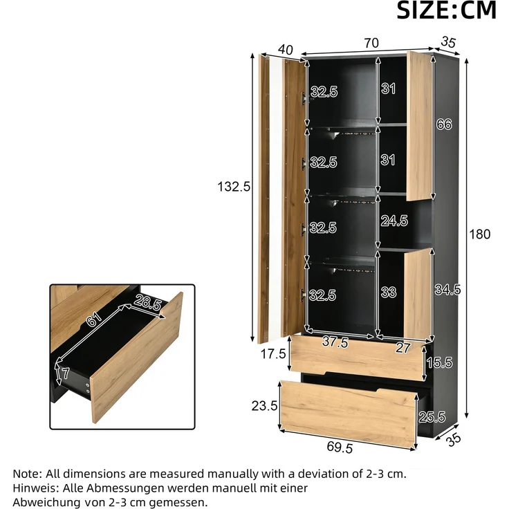 Vitrinenschrank 70x35x180 cm mit LED-App-Steuerung, 3 Türen und 2 Schubladen – Bild 5