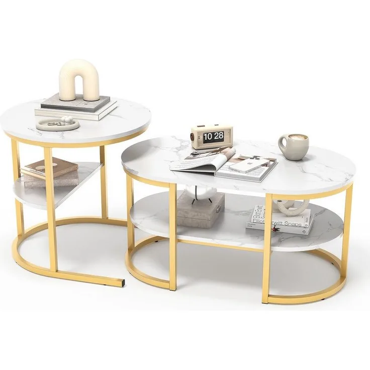 FUROKOY Couchtisch wohnzimmer tisch 2er set Oval, Beistelltisch Rund (Runder Tisch Oval), Modern design Couchtisch mit goldenen beinen,Marmoroptik, Eiche