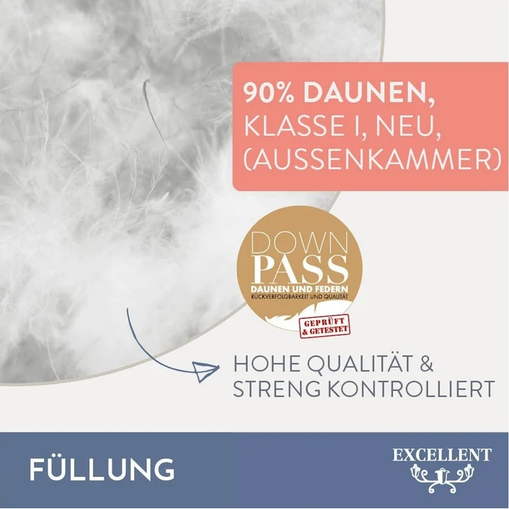 Excellent 3-Kammer-Kopfkissen Zürich, Kopfkissen in 40x80 und 80x80 und weitere Größen, Füllung: weiße neue Daunen und Federn, Klasse I, 90% Daunen / 10% Federn (Außen), weiße neue Federn, Klasse I, 100% Federn (Innen), Bezug: feiner Daunen-Batist, 100... – Bild 2