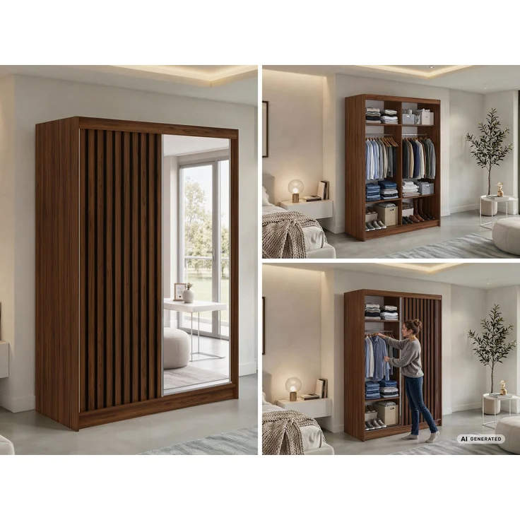 Kleiderschrank LAOS 150 cm Schiebetürenschrank Warmia-Nuss mit Akustikpaneel-Design (Lamellen) Schwarz & Spiegel, Inkl. Innenausstattung – Bild 2