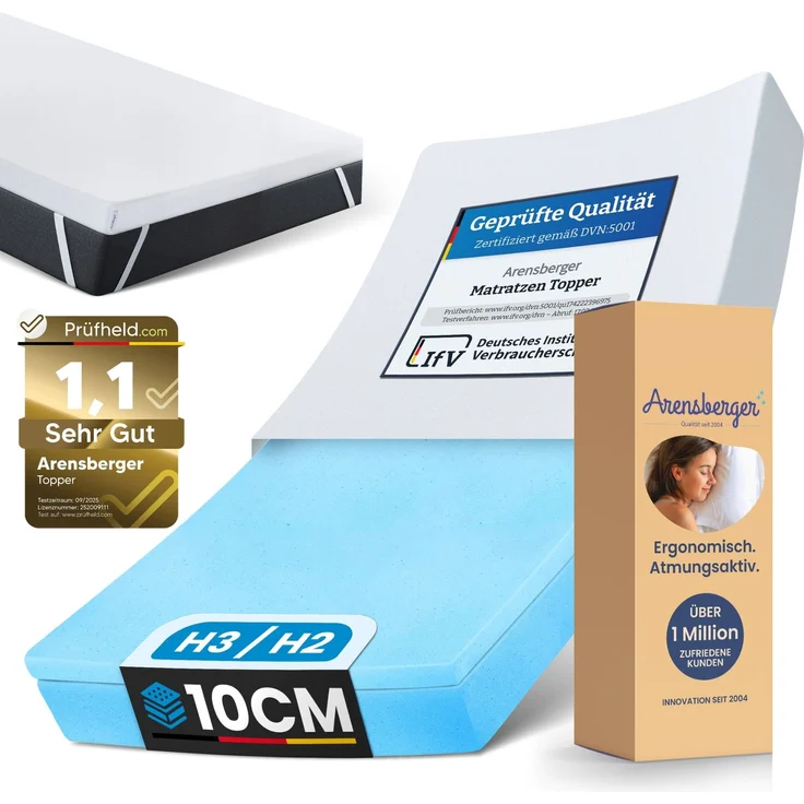 Arensberger Matratzen Topper LUXURY, 90x200cm, Gelschaum und Memory Gel Foam Matratzentopper, waschbar, geeignet für Federkern & Matratzen, Höhe 10cm – Bild 1