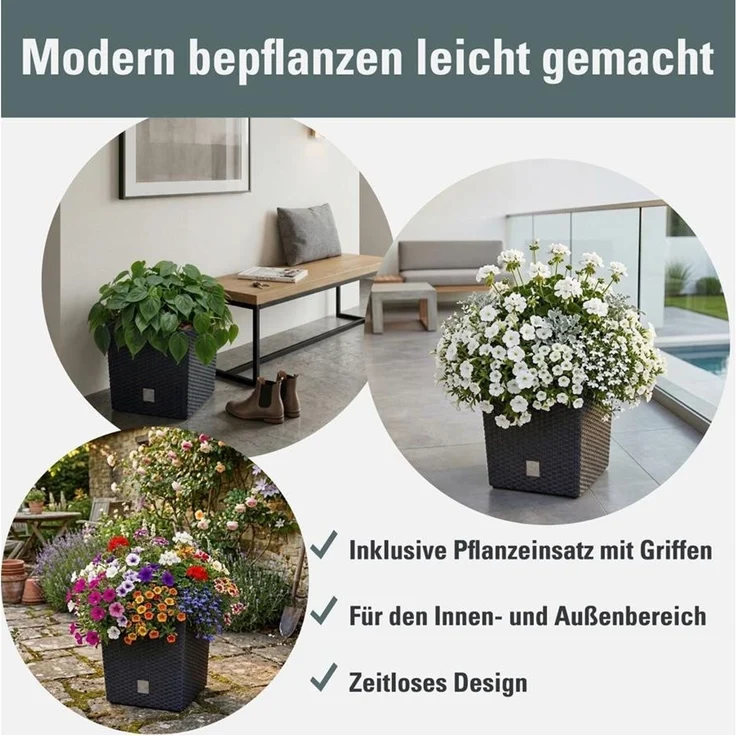 Prosperplast Blumentopf Rato Low DRTS400L, inkl. Pflanzeinsatz, Bewässerungssystem, Rattanoptik, eckig – Bild 3