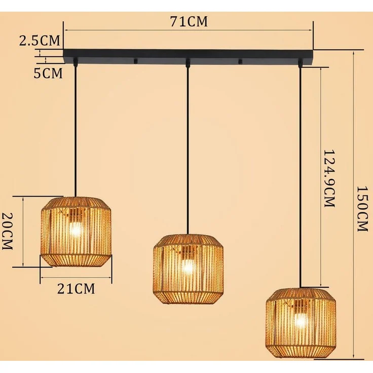Nettlife Pendelleuchte Rattan 3 flammig Höhenverstellbar Boho E27 Hängeleuchte, Ballonflecht, Ohne Leuchtmittel, für Schlafzimmer Wohnzimmer/Ohne Leuchtmittel – Bild 2