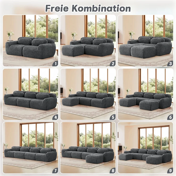 Ecksofa aus Plüsch mit modularem Design & ohne Montage, grau – Bild 8