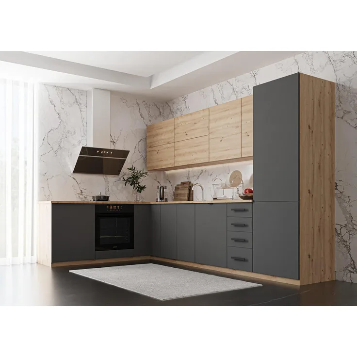 XXXL Winkelküche Eiche Artisan, L-Form, 330x212x210 cm, grau, ohne Geräte