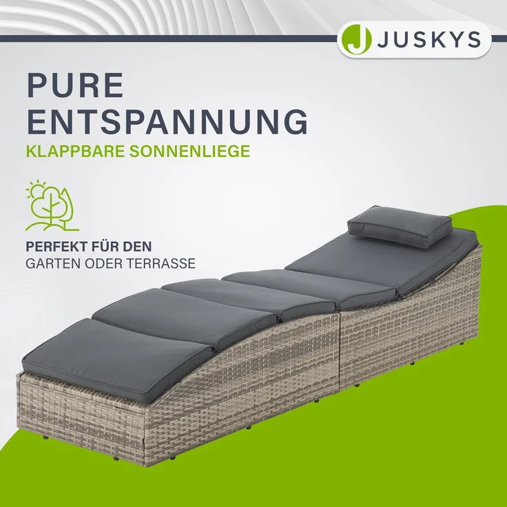 Juskys 'Lamia' Sonnenliege mit Auflage, klappbar, Kopfteil verstellbar, Polyrattan grau, 200 x 60 x 40 cm – Bild 2