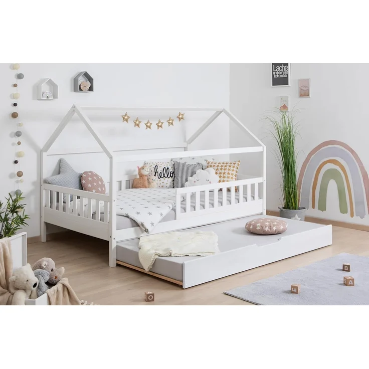 Ticaa Hausbett Kay mit Rausfallschutz und Zusatzbett aus Kiefer, Kinderbett 120x200, inkl. Dach, mit Rollrost, mit Matratze