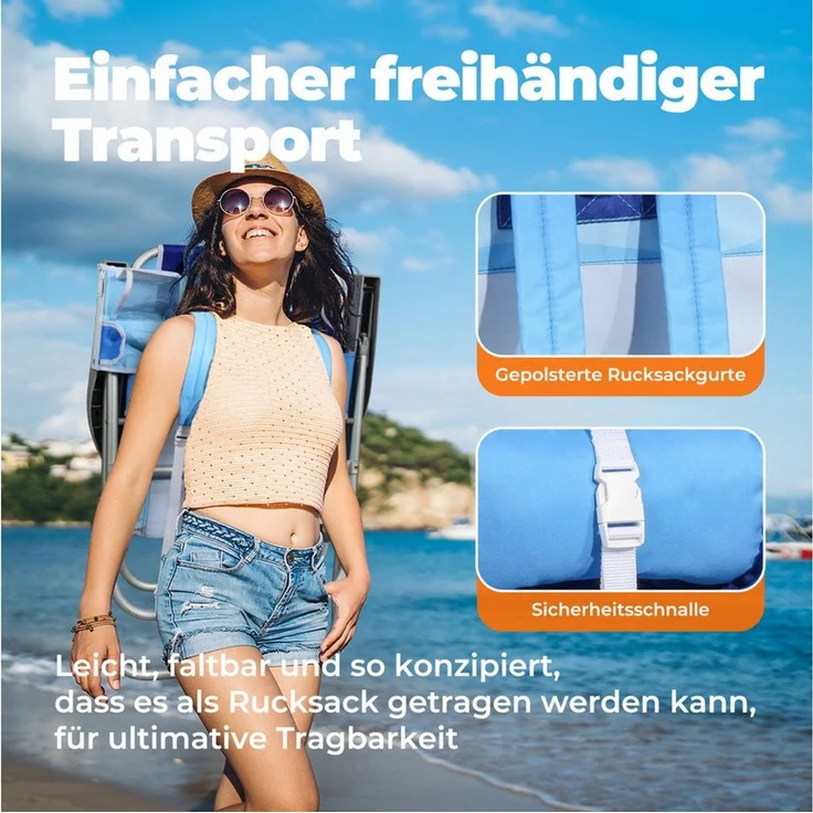 HOMECALL Klappstuhl Strandstuhl Leicht Klappbar Camping, 5-fach verstellbare Rückenlehne (Bis150KG Aluminiumrahmen, groBe Kuhitasche und Aufbewahrungstasche, 2 St), Seitentaschen, Kopfstütze, Schultergurten, Handtuchhalter – Bild 4