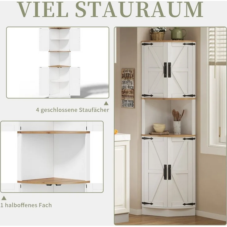SeedWave Buffet Allzweck Eckschrank Hochschrank mit 4 Türen, Staufächern, Ablageboden Küchenbuffet inkl. Metallgriffe, Kippschutz-Set – Bild 3
