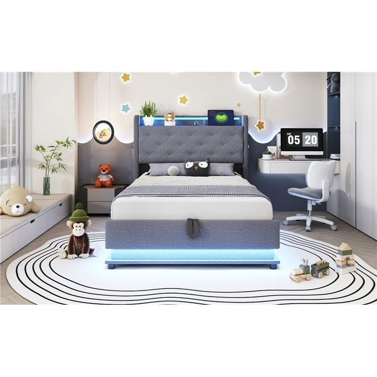 Polsterbett, Kinderbett mit LED-Farbwechsel, USB, klappbarem Kopfteil & hydraulischem Stauraum, Leinen, Grau, 90 × 200 cm – Bild 8