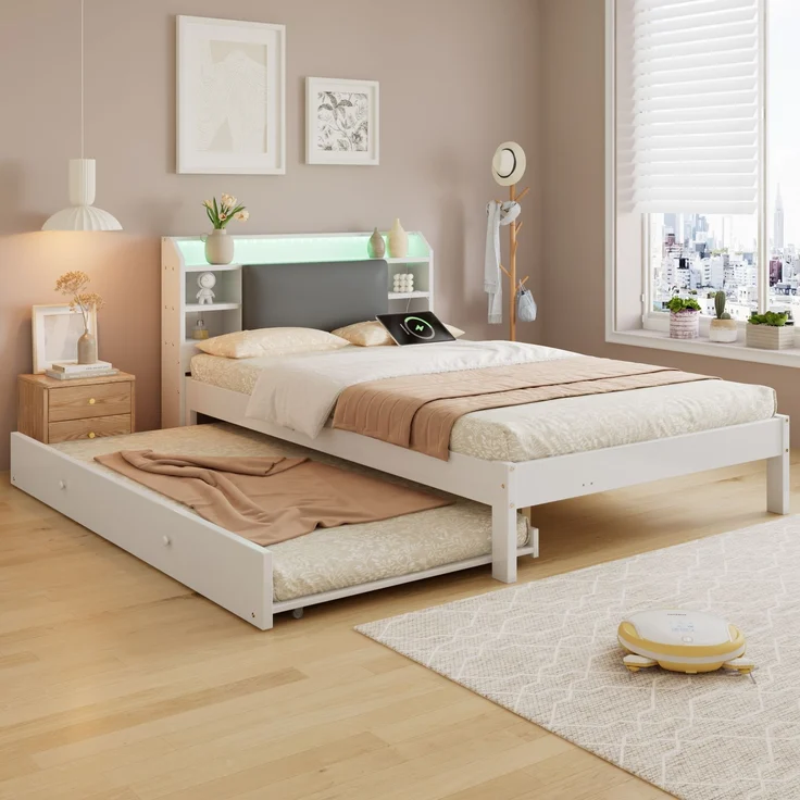 EINHOM Holzbett 120 × 200 cm mit Ausziehbett 90 × 190 cm, weißes Funktionsbett mit gepolstertem Kopfteil, LED-Lichtleiste, Kopfteilregal und Ladestation, Ausziehbett links/rechts montierbar (Ohne Matratze) – Bild 5