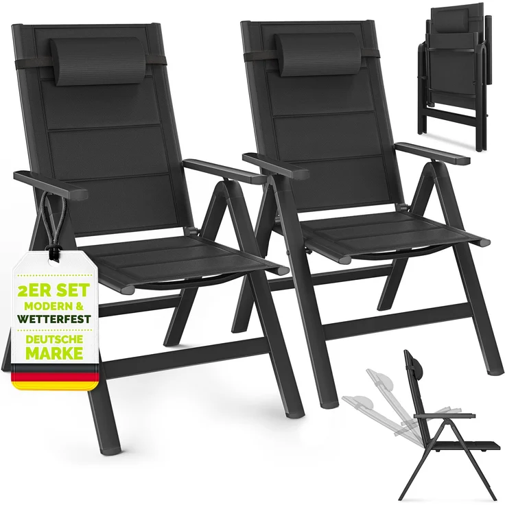 tillvex Gartenstuhl mit Polster Premium 2 Stück Schwarz klappbar aus Aluminium | Hochlehner mit Armlehnen | Klappstuhl verstellbar | Klappsessel Balkon Garten Terrasse – Bild 1
