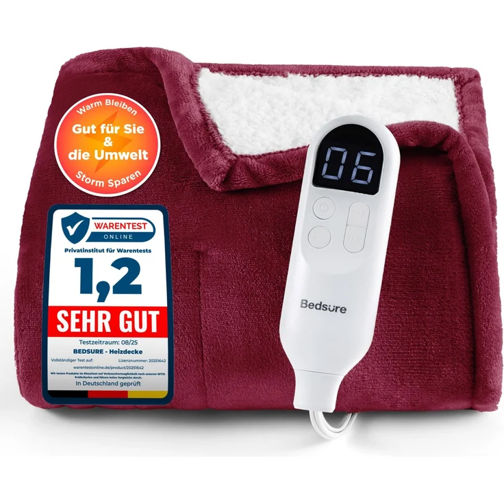 BEDSURE Heizdecke Wärmedecke Elektrische Kuscheldecke - 130x180 cm, Rot | mit Abschaltautomatik, 6 Heizstufen & 10 Stunden Timer, bis zu 8 Stunden Überhitzungsschutz für Home & Office