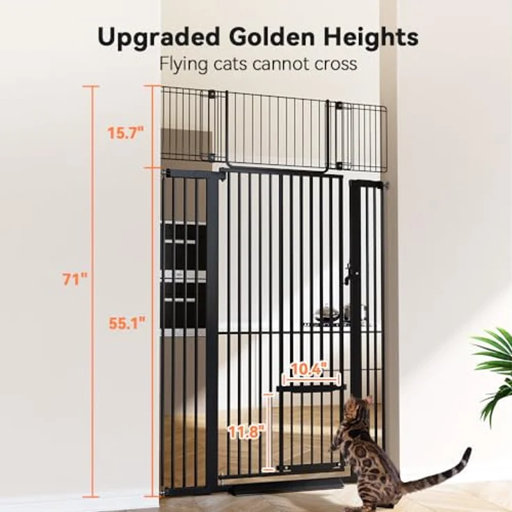 COMOMY 180 cm Extra Hoch Türgitter Katze/Hund, 75-103 cm Extra Breit Türschutzgitter mit Verstellbarer Katzenklappe, Tierschutzgitter Ohne Bohren für Treppen, Türen, Küche (Schwarz) – Bild 3