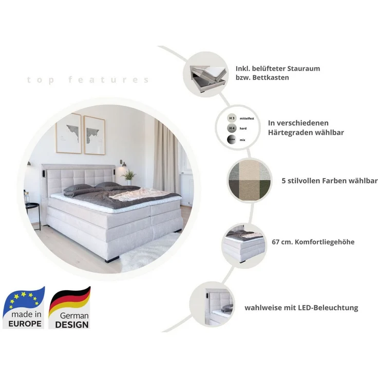 OTTO home Boxspringbett MIVVA inkl. Bettkasten und Topper, Komfortliegehöhe: 67 cm, in H3, H4 oder Hmix H3/H4, wahlweise mit oder ohne LED-Leuchten – Bild 3