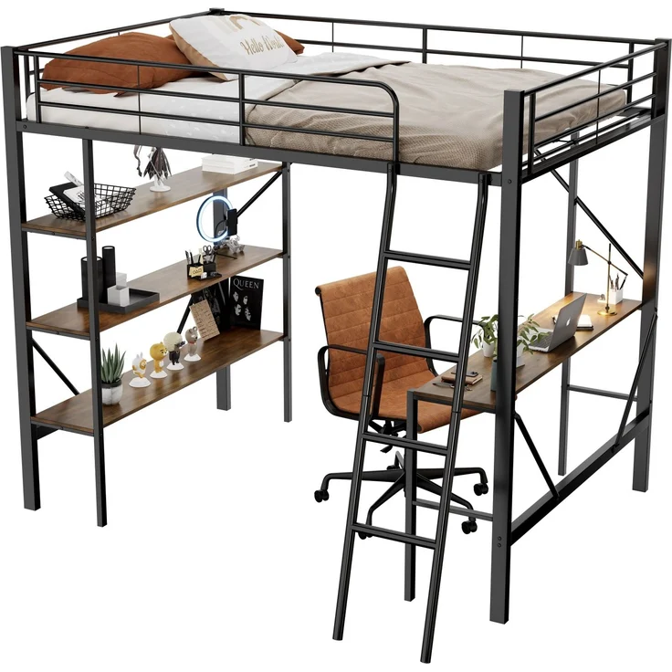 Merax 90 x 200cm Bettgestell Metallbett, Eisenbett, Hochbett mit Schreibtisch und drei großen Ablagen für Kinder, Jugendliche und Erwachsene, schwarz – Bild 9