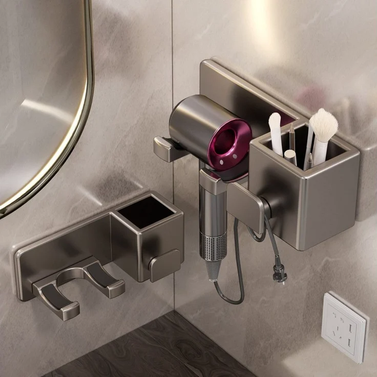 ibettertec Haartrocknerhalter Föhnhalter Wand Ohne Bohren, mit Kabelhalter und Aufbewahrung, (Praktisches Wandregal für Föhn-Badezimmer Aufbewahrung, für Haushalte Badezimmer Hotels Gästezimmer Friseursalons Barbershops) – Bild 3