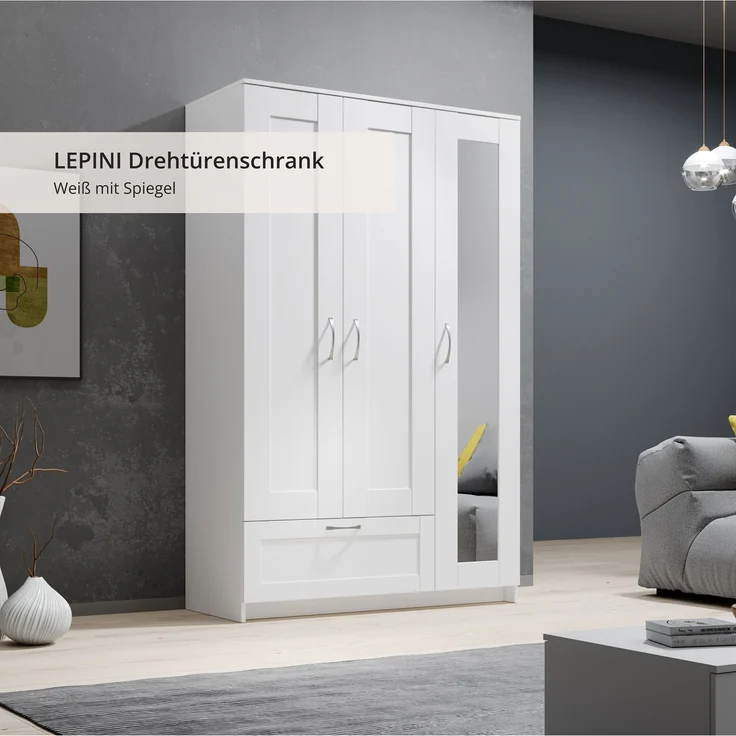 Kleiderschrank >Lepini< in Weiß, Dekorfolie - 117x191x50cm (BxHxT) – Bild 3