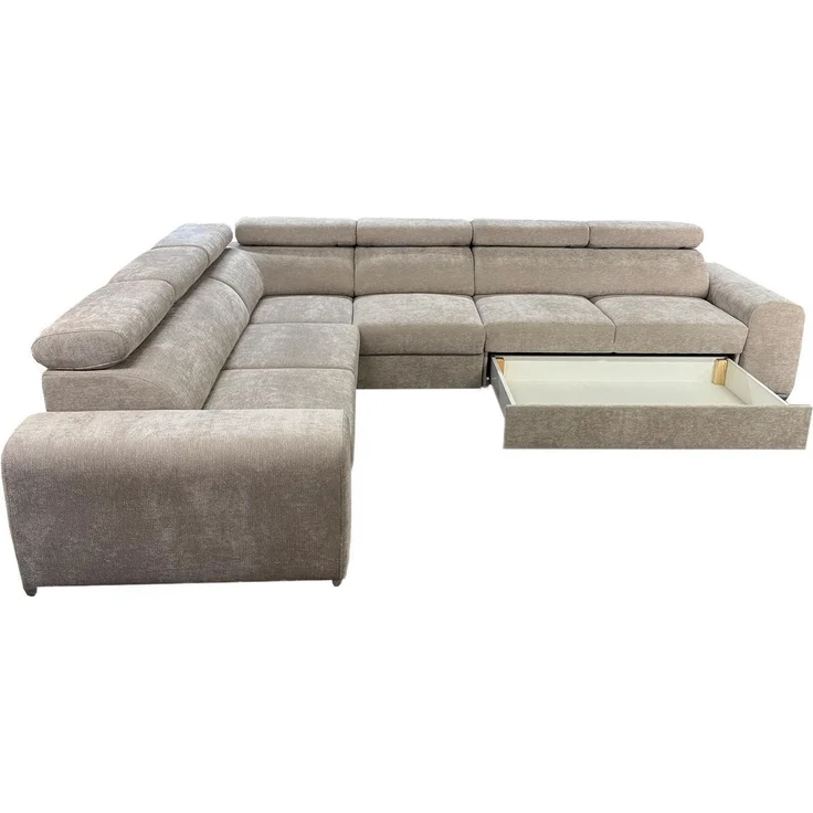 Wohnero24 Ecksofa L-Form PAVONE 5 330x260 cm – großes Chenille Sofa Beige mit Schlaffunktion 190x125 cm & Bettkasten, verstellbare Kopfstützen – Bild 5