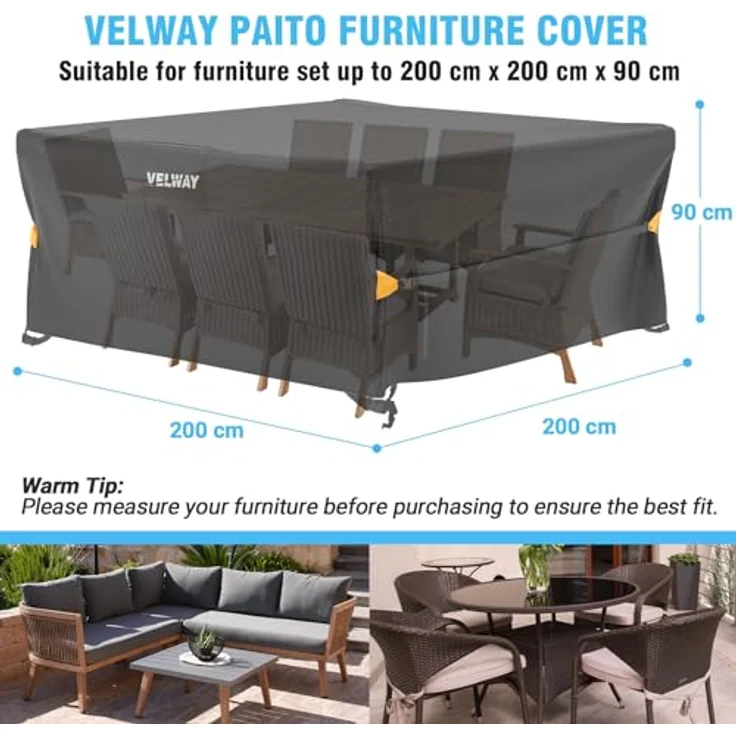 Velway Gartenmöbel Abdeckung Wasserdicht - 200 x 200 x 71 cm Quadratisch Schutzhülle Winddicht Loungemöbel Abdeckung Abdeckhauben für Gartentische Sitzgruppe Terrassenmöbel Schwarz – Bild 7