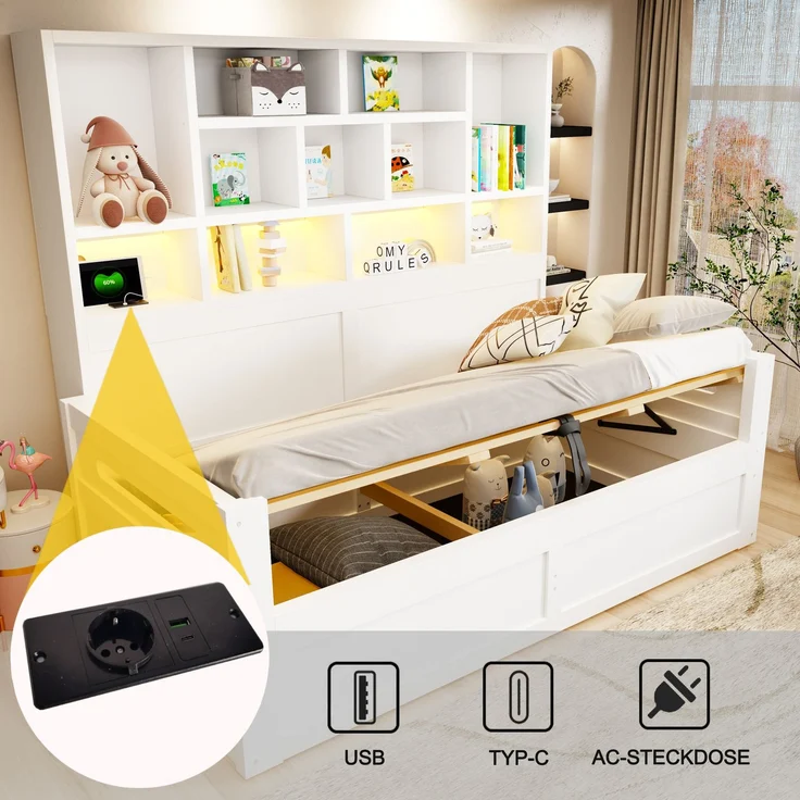 Schlafsofa aus Holz, 90 x 200 cm, Multifunktionaler Stauraum mit LED-Beleuchtung, Hydraulisches Staufach, Einzelbett, Jugendbettgestell mit Steckdosen, Weiß – Bild 4