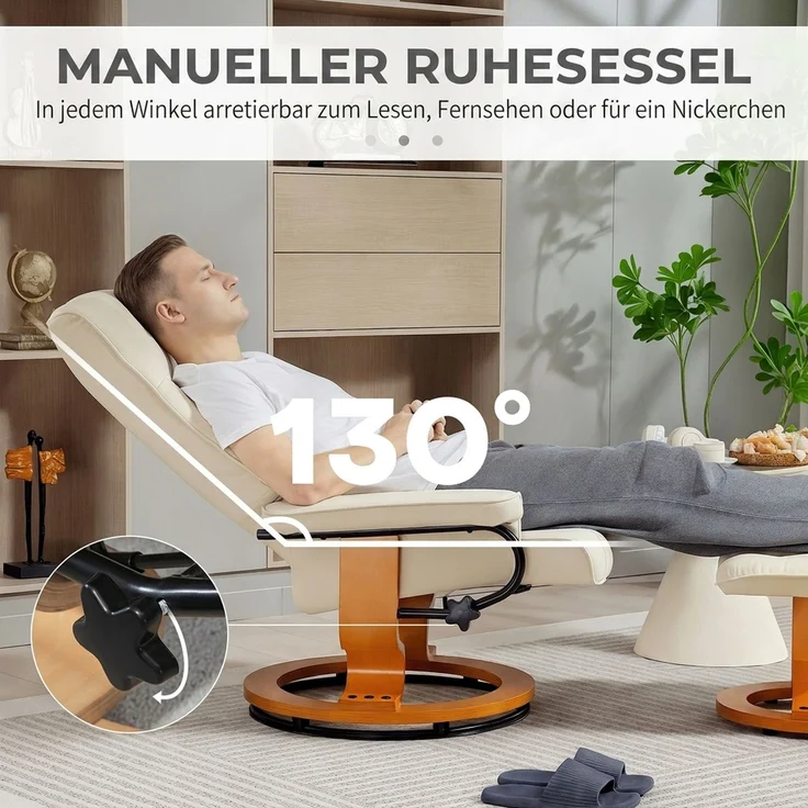 HOMCOM Relaxsessel mit Hocker, Kunstleder, Holz, Cremeweiß, 76L x 85B x 104H cm – Bild 4