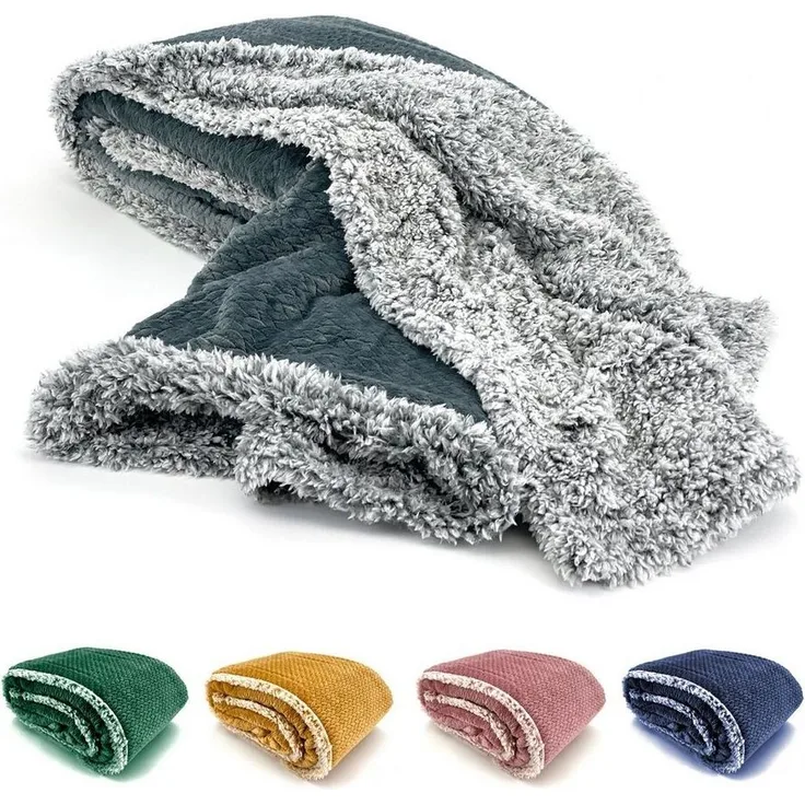 Wohndecke Flauschig warme Kuscheldecke Samt Jaquard Flanell, heimtexland, mit Teddy Plüsch - kuschelig weich - Premium - fusselfrei