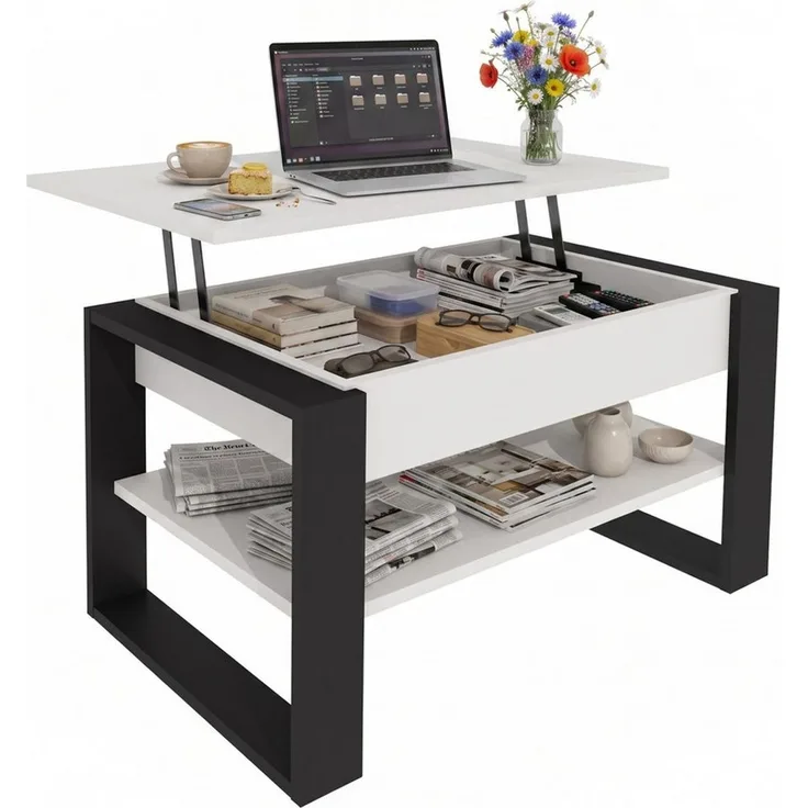 TREND WERK Couchtisch Lift-Couchtisch höhenverstellbar Sofatisch 92×55 cm mit Stauraum (verstecktem Fach Wohnzimmertisch Holz modern)