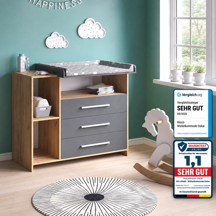 Wickelkommode Oskar Anthrazit/Goldkraft Eiche 113 x 93 cm mit 3 Schubladen Vicco – Bild 3