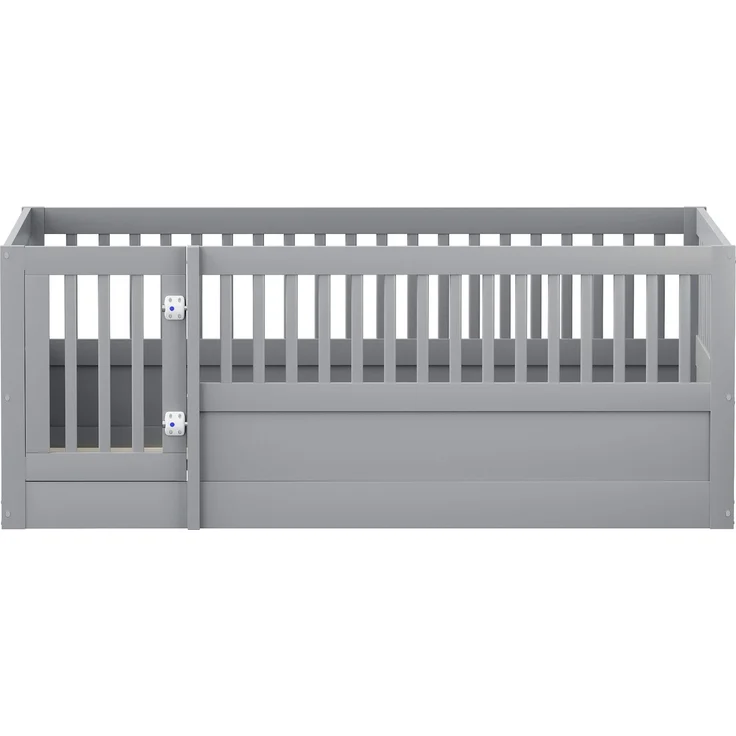 Kinder Bodenbett aus massivem Kiefernholz 140x200 cm mit Zaun & Tür,sicheres Spielbett,offenes Hausbett,Grau – Bild 7