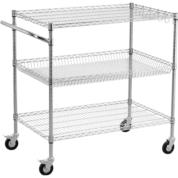VEVOR Küchenwagen mit 3 Ebenen, Schwerlast-Servierwagen bis 454 kg, Rollwagen mit Höhenverstellbaren Drahtablagen und Griff, Metallregal auf Rollen für Küche, Garage & Waschküche, 1016 x 635 x 1040 mm – Bild 9