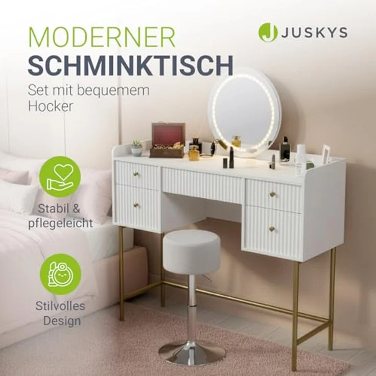 Juskys Schminktisch Samira & Hocker Tonia mit Touch-LED-Spiegel, 5 Schubladen, viel Stauraum & elegantes Design für Schlafzimmer & Make-up – Weiß/Gold – Bild 3