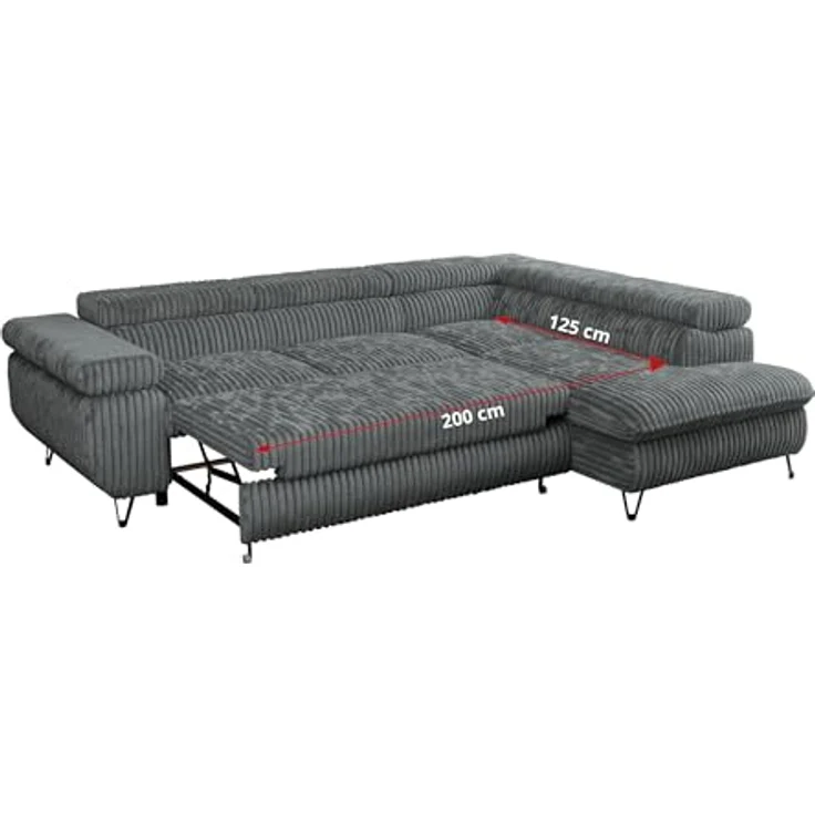 Mks Möbel 'Peter L-form' Ecksofa mit Bettfunktion, Bettkasten & einstellbaren Kopfstützen, Dunkelgrau, Cord, rechts – Bild 7