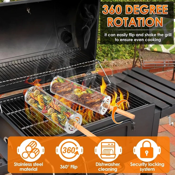 2er-Pack Grillkörbe mit Holzgriff, rund, Edelstahl, für Outdoor & Camping (45 cm) – Bild 4